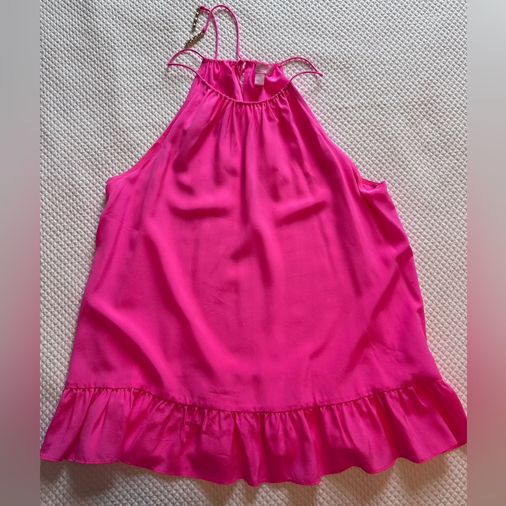 Lilly Pulitzer Silk Halter Top in Hot Pink. Women’s size medium Brass Tie Detail